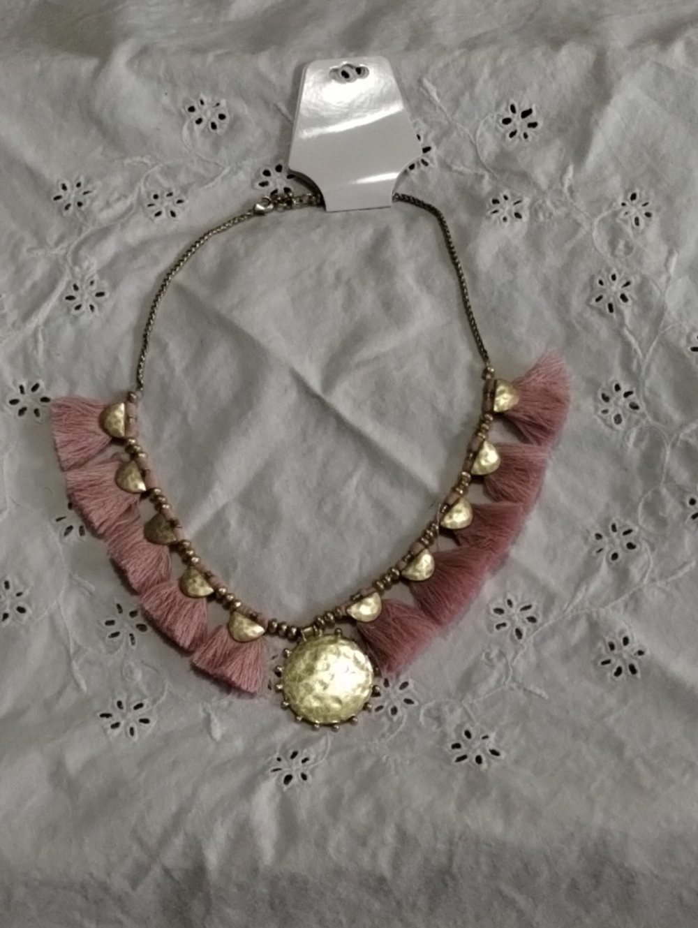 Lucky Brand Pink Tassel Gold Accent Statement Necklace